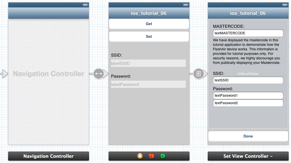 this image shows the storyboard view of the screen layout for the entire app